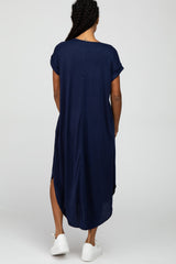 Navy Blue Ribbed Rounded Hi-Low Hem Midi Dress