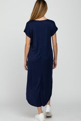 Navy Blue Ribbed Rounded Hi-Low Hem Maternity Midi Dress