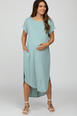 Mint Green Ribbed Rounded Hi-Low Hem Maternity Midi Dress