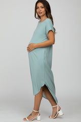 Mint Green Ribbed Rounded Hi-Low Hem Maternity Midi Dress