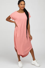 Peach Ribbed Rounded Hi-Low Hem Midi Dress