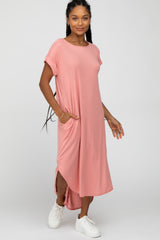 Peach Ribbed Rounded Hi-Low Hem Midi Dress