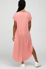 Peach Ribbed Rounded Hi-Low Hem Midi Dress