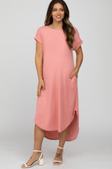 Peach Ribbed Rounded Hi-Low Hem Maternity Midi Dress