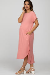 Peach Ribbed Rounded Hi-Low Hem Maternity Midi Dress