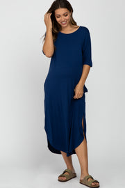 Navy Blue Round Hem Short Sleeve Maternity Midi Dress