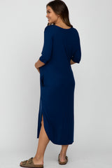 Navy Blue Round Hem Short Sleeve Maternity Midi Dress