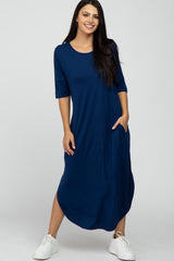 Navy Blue Round Hem Short Sleeve Maternity Midi Dress