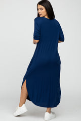 Navy Blue Round Hem Short Sleeve Midi Dress