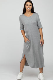 Heather Grey Round Hem Short Sleeve Midi Dress