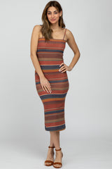 Red Striped Ribbed Fitted Midi Dress