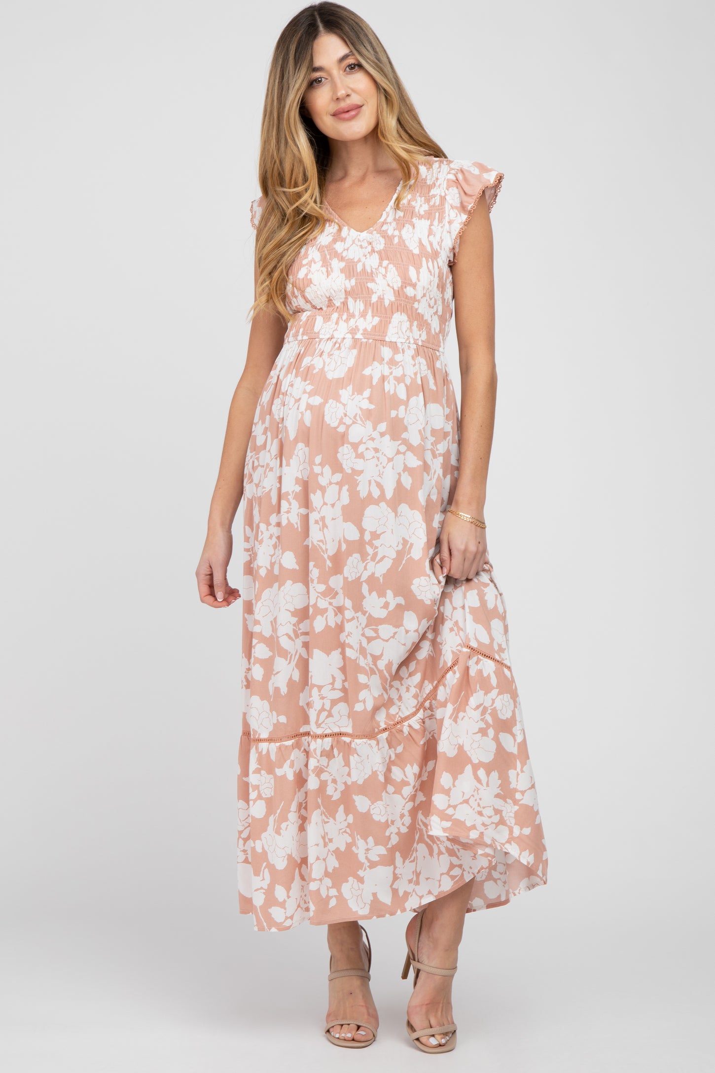 Mauve Floral Smocked Maternity Maxi Dress– PinkBlush