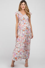 Pink Floral Smocked Maternity Maxi Dress