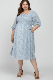 Light Blue Floral Smocked Plus Maternity Midi Dress