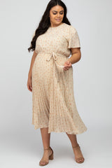 Taupe Floral Pleated Maternity Plus Midi Dress