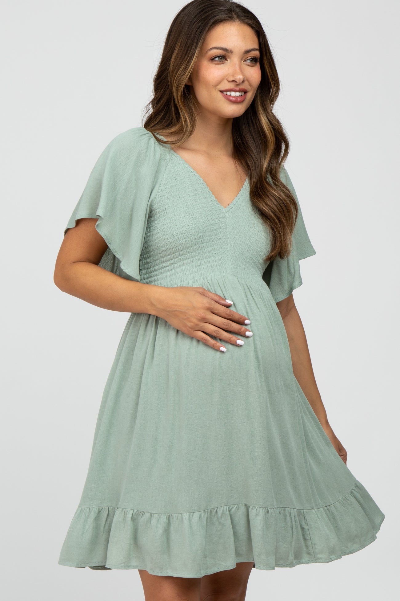 Mint Green Smocked Front Ruffle Hem Maternity Dress– PinkBlush