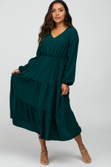 Forest Green Long Sleeve Tiered Maternity Maxi Dress