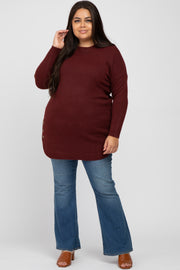 Burgundy Brushed Side Button Round Hem Plus Tunic