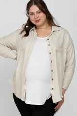 Beige Linen Fringe Hi-Low Button Up Maternity Plus Top