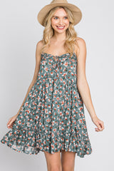 Teal Floral Sleeveless Ruffle Hem Mini Dress