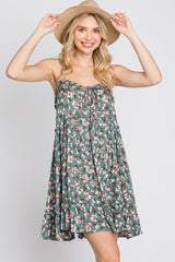 Teal Floral Sleeveless Ruffle Hem Mini Dress