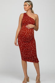 Rust Floral One Shoulder Side Ruched Maternity Midi Dress