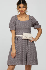 Grey Floral Smocked Square Neck Dress