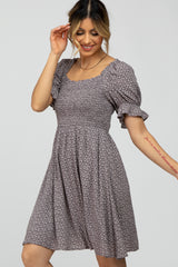 Grey Floral Smocked Square Neck Dress