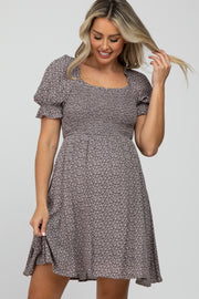 Grey Floral Smocked Square Neck Maternity Dress