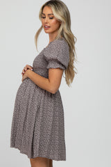 Grey Floral Smocked Square Neck Maternity Dress