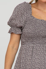 Grey Floral Smocked Square Neck Maternity Dress