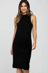 Black Ribbed Sleeveless Mock Neck Maternity Midi Dress