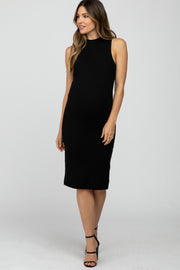 Black Ribbed Sleeveless Mock Neck Maternity Midi Dress