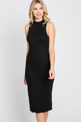 Black Ribbed Sleeveless Mock Neck Midi Dress