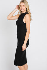 Black Ribbed Sleeveless Mock Neck Midi Dress