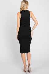 Black Ribbed Sleeveless Mock Neck Midi Dress