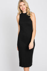 Black Ribbed Sleeveless Mock Neck Midi Dress