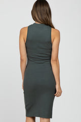 Forest Green Ribbed Sleeveless Mock Neck Maternity Midi Dress