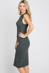 Forest Green Ribbed Sleeveless Mock Neck Midi Dress