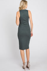 Forest Green Ribbed Sleeveless Mock Neck Midi Dress