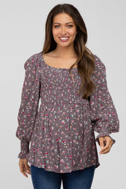 Purple Floral Long Sleeve Maternity Blouse