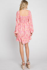 Pink Floral Long Sleeve Ruffle Hem Dress