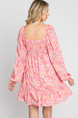 Pink Floral Long Sleeve Ruffle Hem Dress