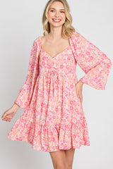 Pink Floral Long Sleeve Ruffle Hem Dress