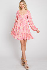 Pink Floral Long Sleeve Ruffle Hem Dress