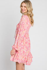 Pink Floral Long Sleeve Ruffle Hem Dress