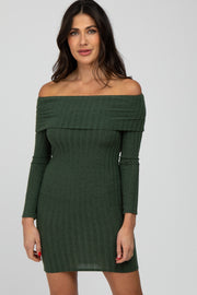 Olive Ribbed Foldover Off Shoulder Dress