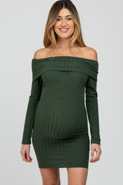 Olive Ribbed Foldover Off Shoulder Maternity Dress