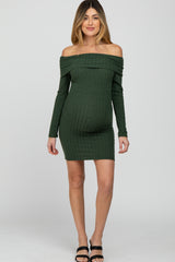 Olive Ribbed Foldover Off Shoulder Maternity Dress