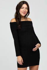 Black Ribbed Foldover Off Shoulder Maternity Dress